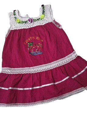 Puerto Rico Sundress Girls Size 1 Pink Embroidered Flamingo Lace Trim Tiered